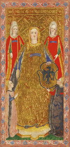 Medieval-style painting of a woman in gold with attendants, featuring intricate details and vibrant colors.