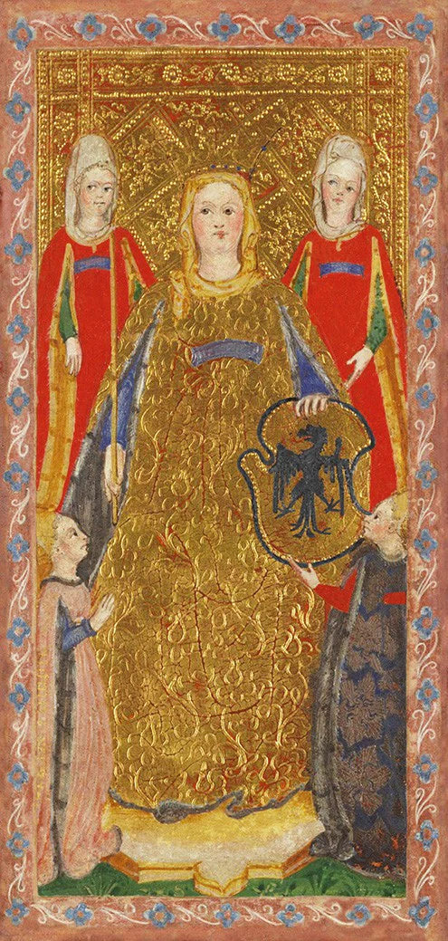 Medieval-style painting of a woman in gold with attendants, featuring intricate details and vibrant colors.