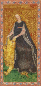 Medieval-style painting of a woman with a lion on a gold and red background