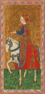 Medieval-style painting of a person on a horse with intricate gold background