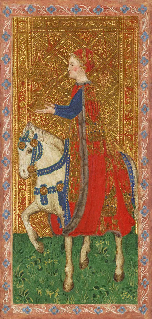 Medieval-style painting of a person on a horse with intricate gold background