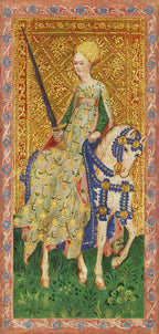 Decorative illustration of a woman on horseback with intricate gold and blue border