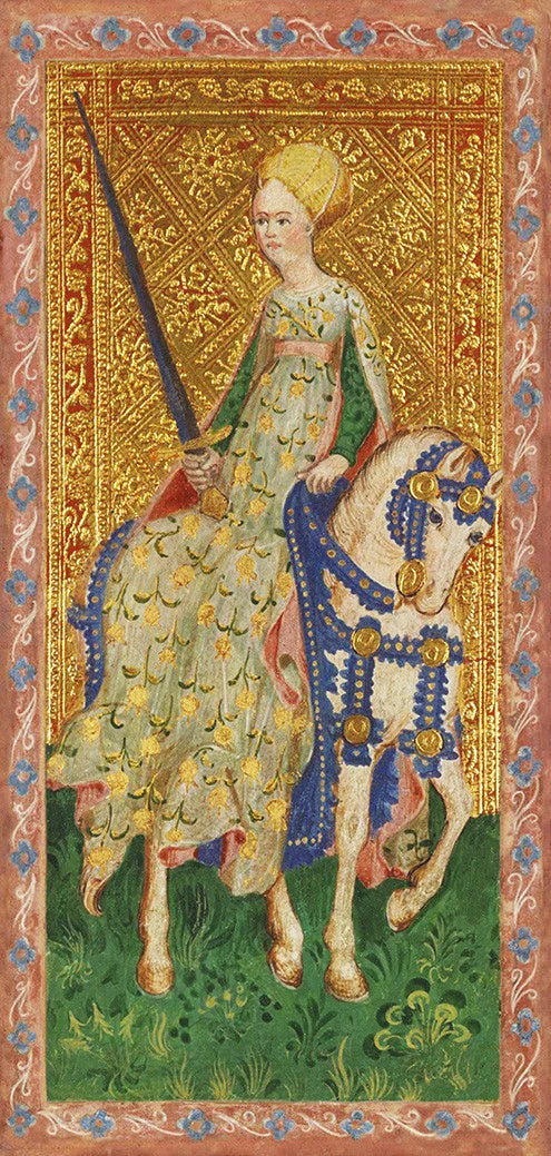 Decorative illustration of a woman on horseback with intricate gold and blue border