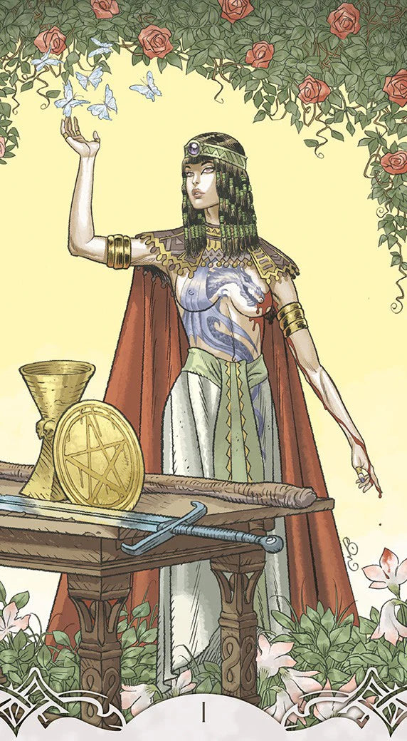 Tarot card featuring a figure with a pentacle symbol, surrounded by flowers and leaves.