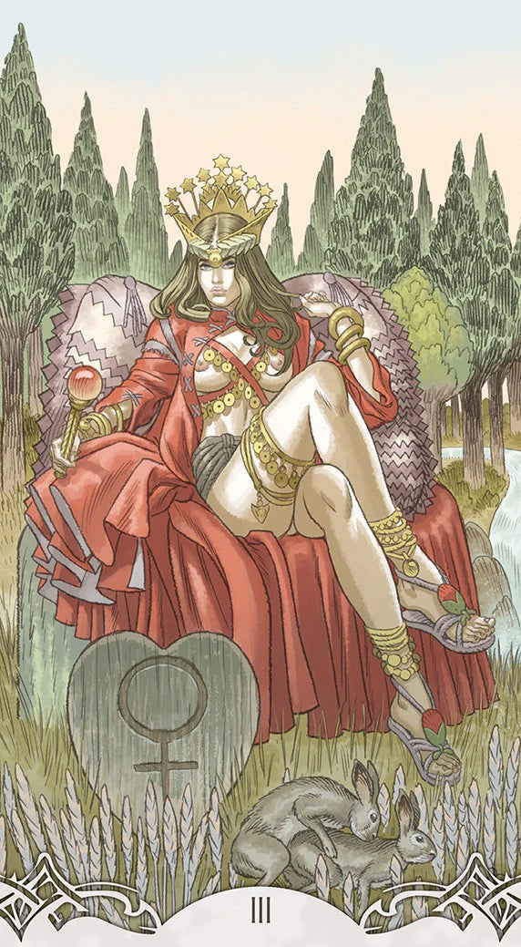 Sensual artistic depiction of a tarot card with a figure in a red robe sitting on a chair, surrounded by nature elements.
