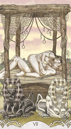 Tarot card with a stylized illustration of a couple in a sexual situation in a bed, surrounded by draped fabric and a swan.