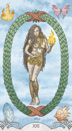 Tarot card XXI with a central figure holding a flame, surrounded by nature elements like a butterfly and crystals.