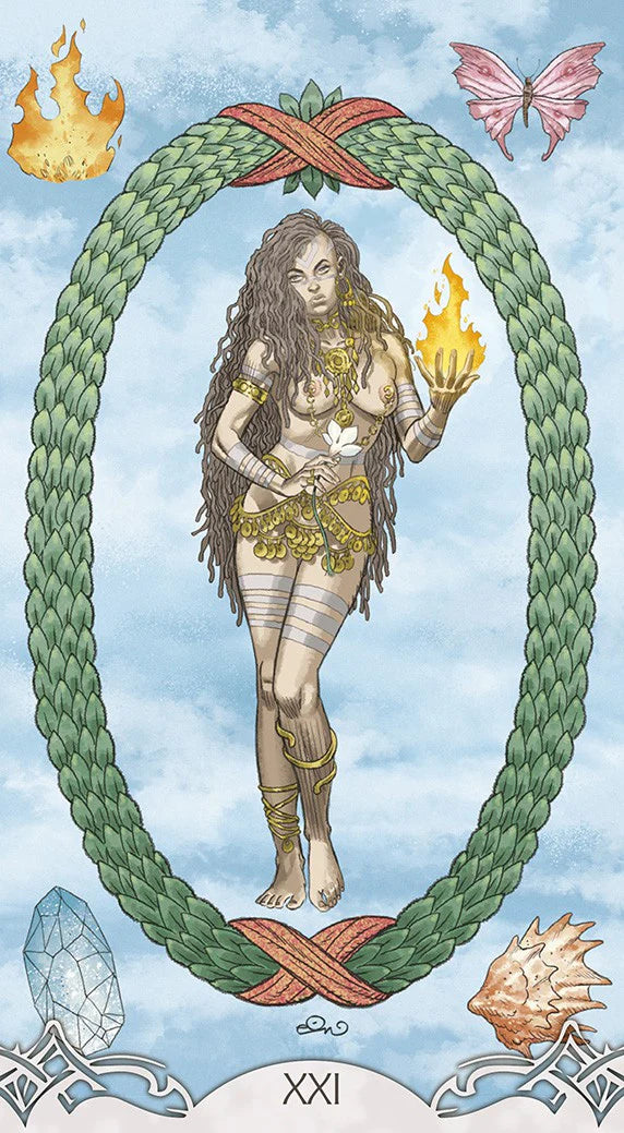 Tarot card XXI with a central figure holding a flame, surrounded by nature elements like a butterfly and crystals.