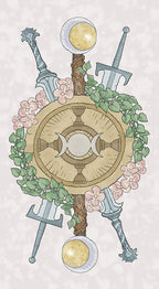 Decorative emblem with a central circular design, flanked by swords and surrounded by flowers and leaves on a light background.