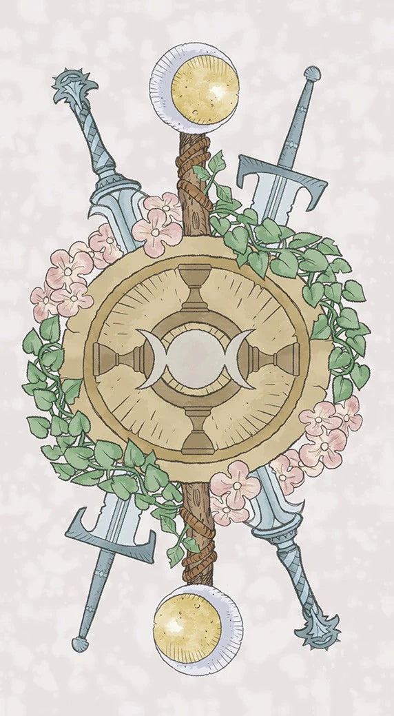 Decorative emblem with a central circular design, flanked by swords and surrounded by flowers and leaves on a light background.