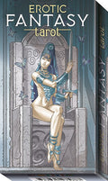 Tarot card box with a stylized illustration of a woman on a throne, surrounded by butterflies, with 'Erotic Fantasy Tarot' text.