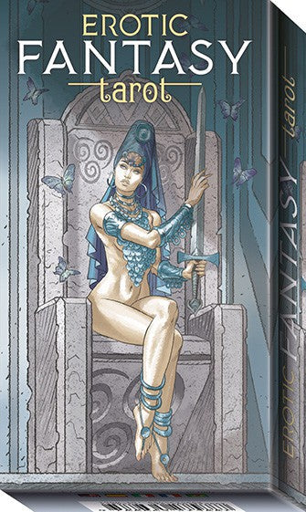 Tarot card box with a stylized illustration of a woman on a throne, surrounded by butterflies, with 'Erotic Fantasy Tarot' text.