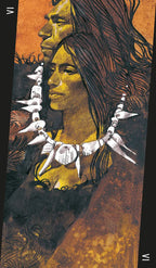 Artistic depiction of two figures with intricate necklaces on a textured background