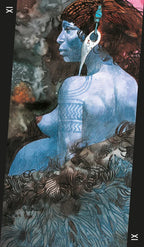 Artistic depiction of a figure with blue skin and intricate patterns, surrounded by nature elements.