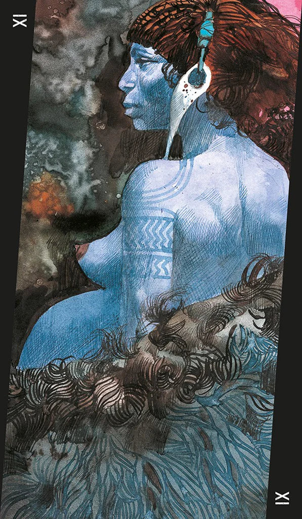 Artistic depiction of a figure with blue skin and intricate patterns, surrounded by nature elements.