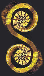 Decorative gold spiral design on a black background
