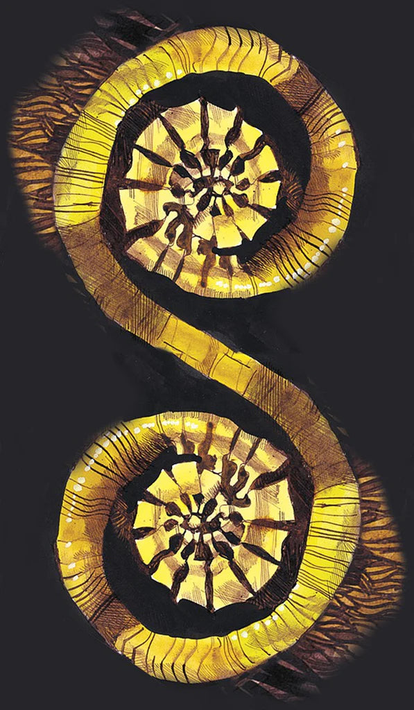 Decorative gold spiral design on a black background