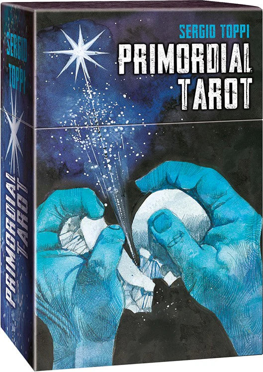 Sergio Toppi Primordial Tarot box with hands holding a crystal ball design.