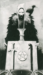 Figure in robes with a bird on head, standing behind a table with a pentagram symbol, sword, and other objects.