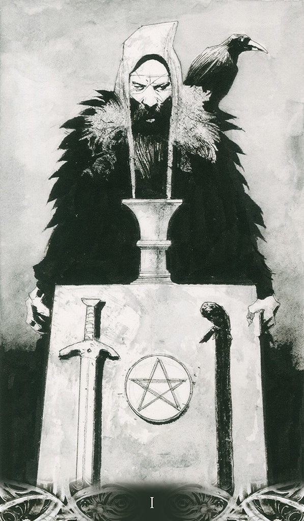 Figure in robes with a bird on head, standing behind a table with a pentagram symbol, sword, and other objects.