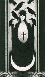 Black and white illustration of a figure with a cross, surrounded by crows, in a vertical frame.