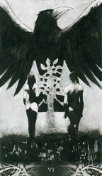 Black and white illustration of a raven over two human figures with a central symbol, labeled 'VI'.