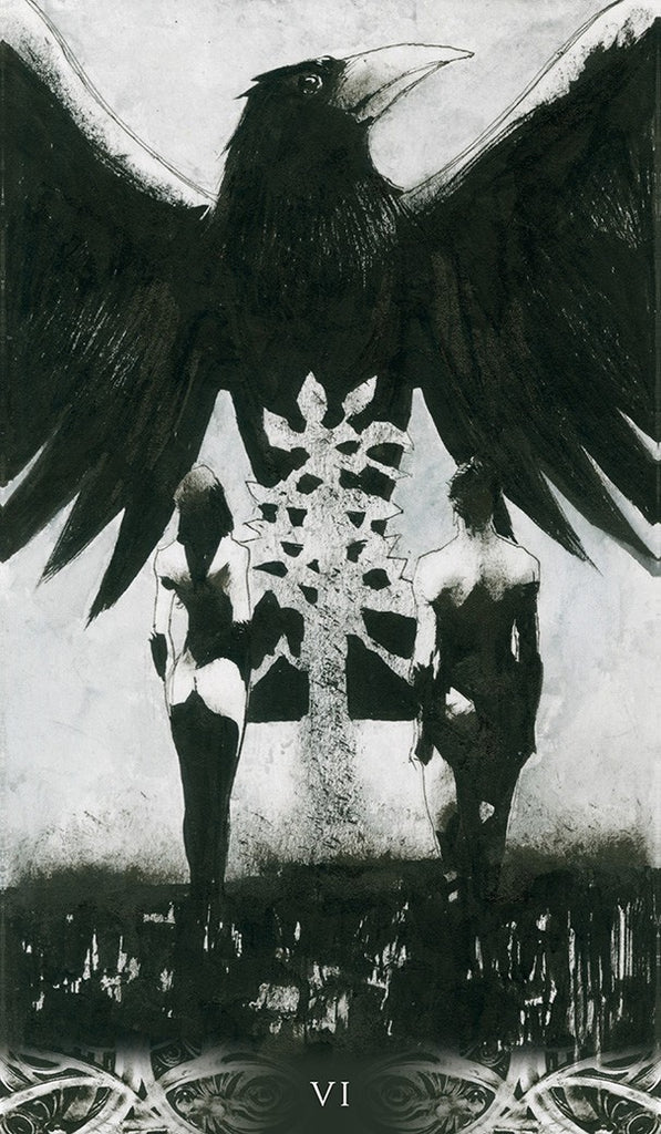 Black and white illustration of a raven over two human figures with a central symbol, labeled 'VI'.