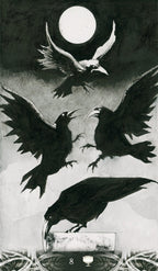 Four crows flying around a full moon with a tarot card symbol at the bottom.