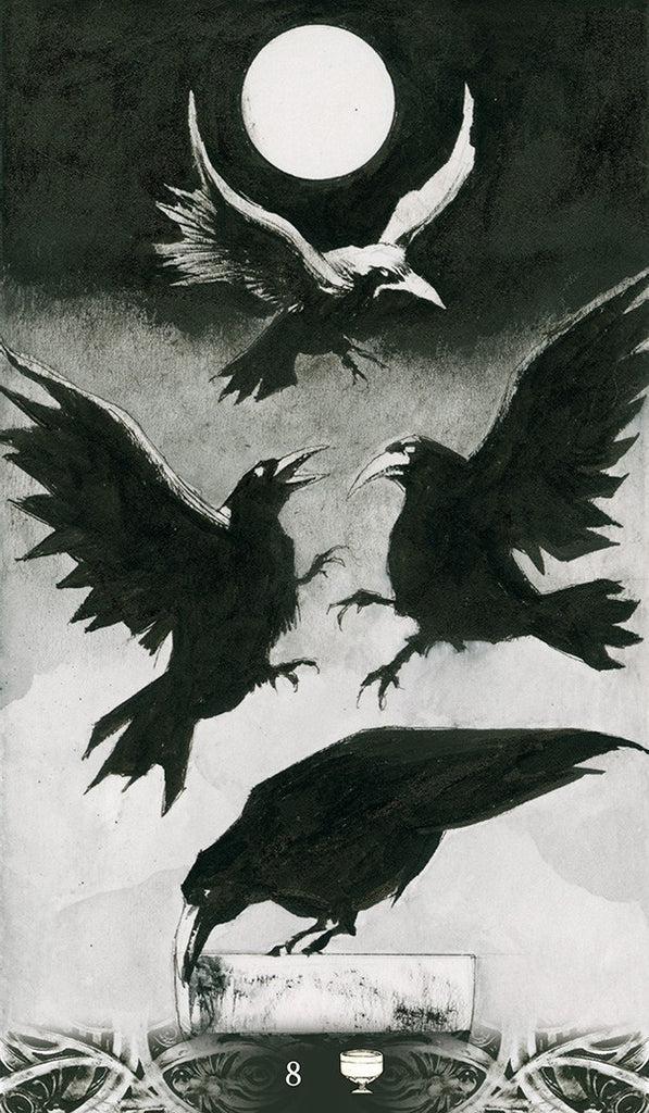 Four crows flying around a full moon with a tarot card symbol at the bottom.
