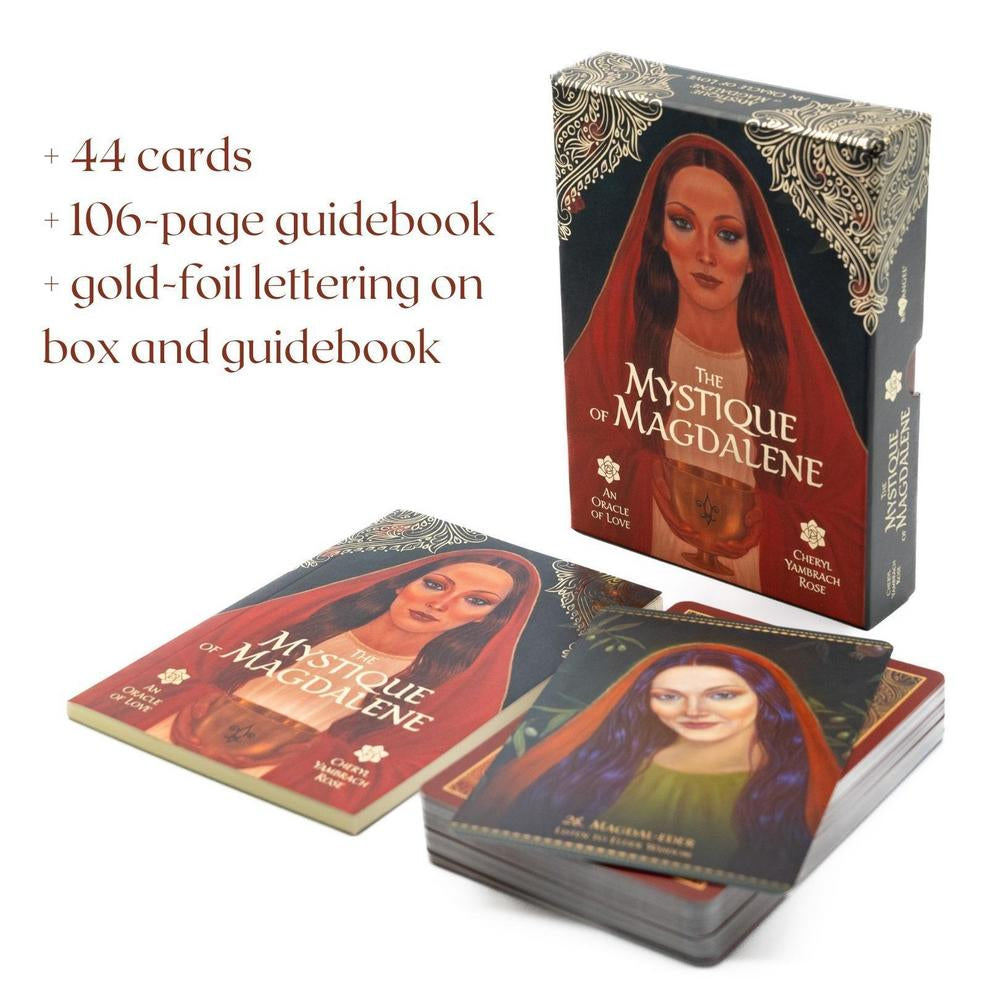The Mystique of Magdalene tarot card deck and its box, shown with a guidebook and a stack of cards on a white background. Text on the left lists included contents: +44 cards, +106-page guidebook, and gold-foil lettering on the box and guidebook.