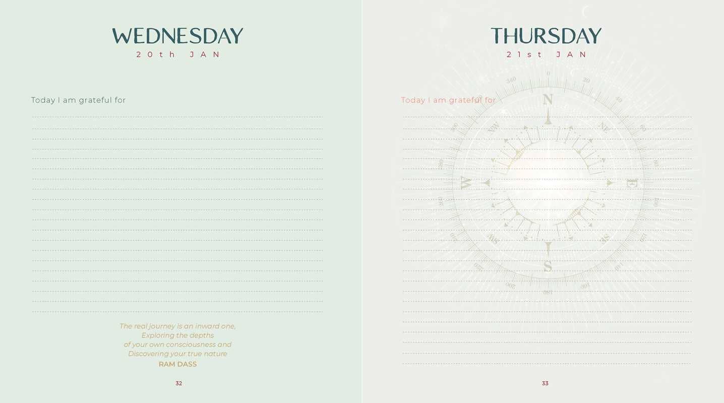 Two interior pages of a lined journal or planner spread open side by side. The left page is labeled Wednesday 20th Jan and has lined writing space with a small quote at the bottom.