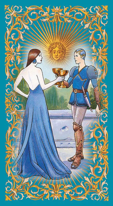 Illustration of a woman in a blue dress offering a bowl to a man in armor against a decorative border.