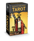 Tarot card box with a stylized illustration of a figure and text on a white background