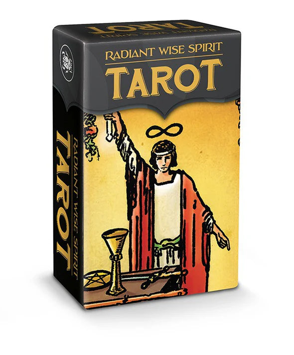 Tarot card box with a stylized illustration of a figure and text on a white background