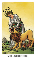 Tarot card titled 'Strength' featuring a woman and a lion on a yellow background