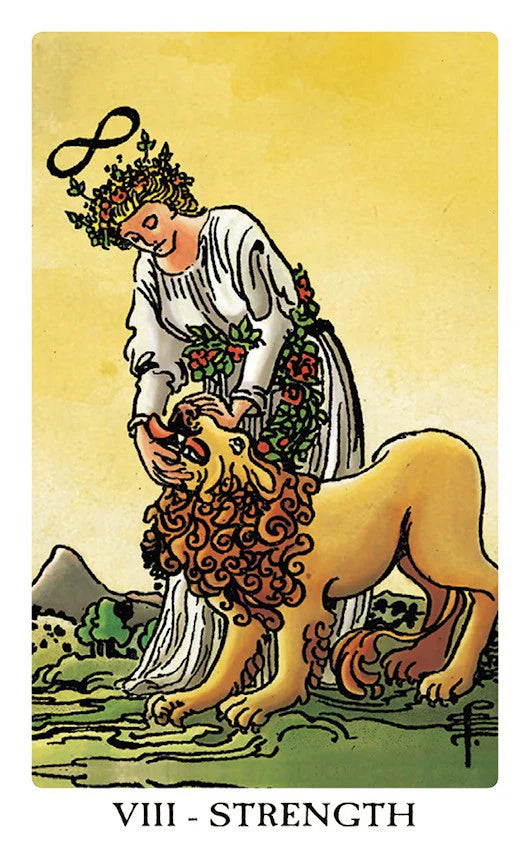 Tarot card titled 'Strength' featuring a woman and a lion on a yellow background