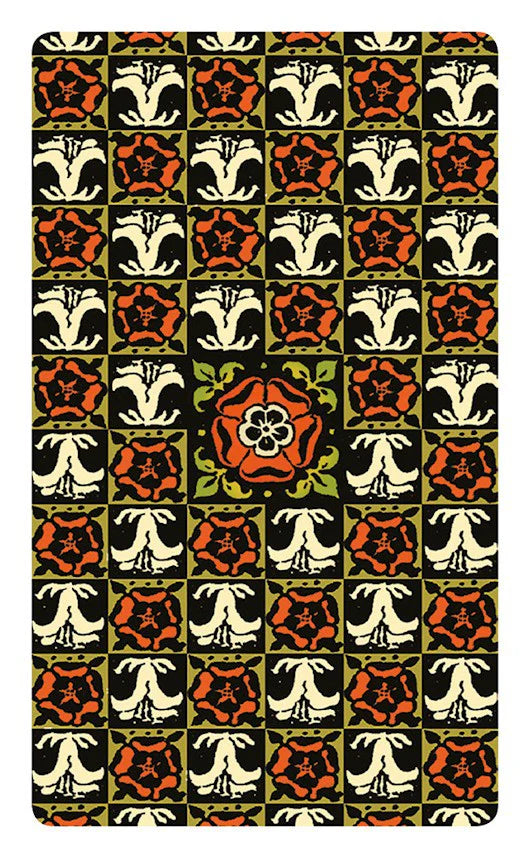 Patterned fabric with red, black, and white floral design on a green background