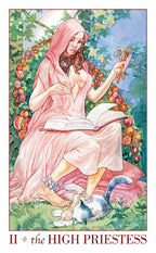 Tarot card featuring 'The High Priestess' with a woman in a pink robe holding keys and an open book, surrounded by fruit and foliage.