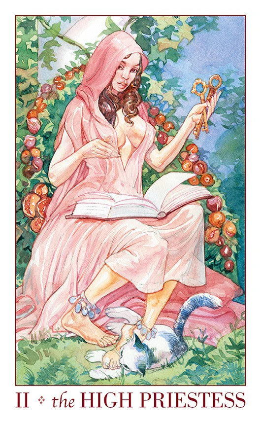 Tarot card featuring 'The High Priestess' with a woman in a pink robe holding keys and an open book, surrounded by fruit and foliage.