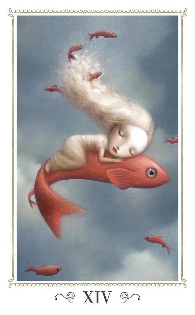 Illustration of a white figure with a fish tail riding a red fish against a cloudy sky.