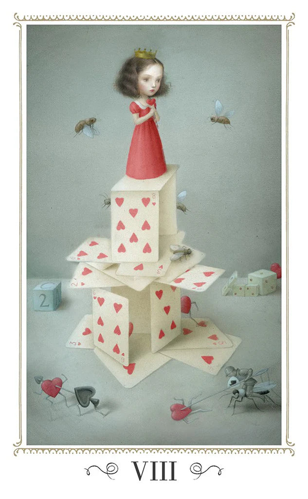 Illustration of a girl in a red dress standing on a stack of playing cards with hearts.