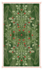Decorative pattern with green leaves and red berries on a green background