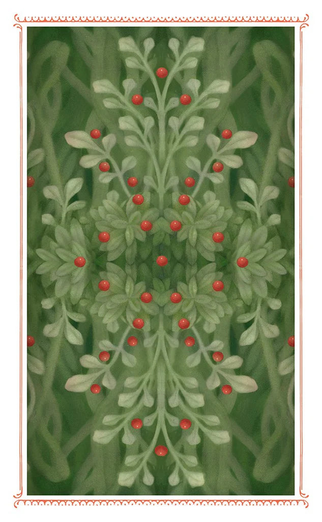 Decorative pattern with green leaves and red berries on a green background