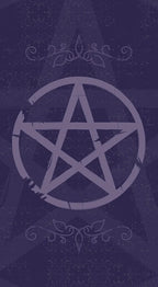 Pentagram symbol on a dark purple background with decorative elements
