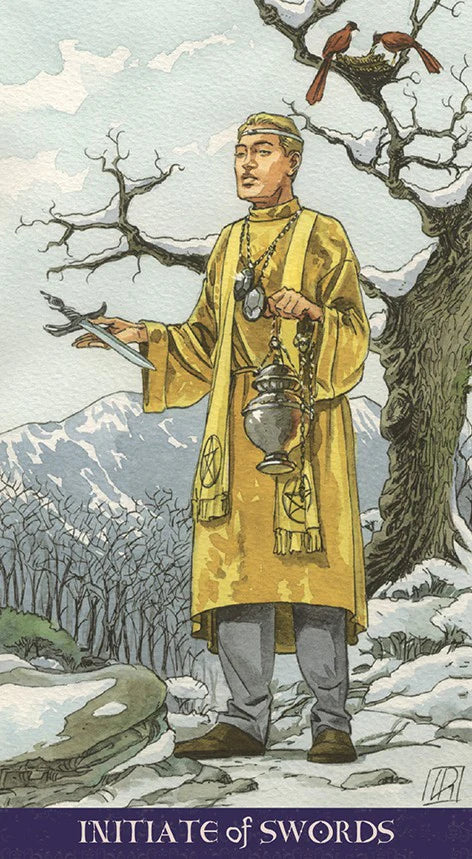 Person in a yellow robe holding a sword and lantern in a snowy landscape with trees and mountains.