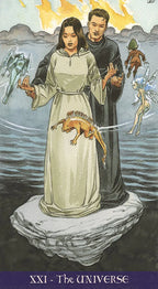 Tarot card titled 'The Universe' featuring a woman and man with mystical creatures on water.