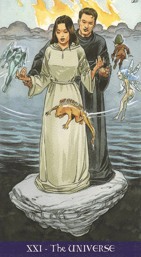 Tarot card titled 'The Universe' featuring a woman and man with mystical creatures on water.