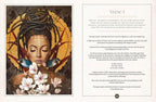 Artistic depiction of a woman with braided hair and flowers, accompanied by text on a white background.