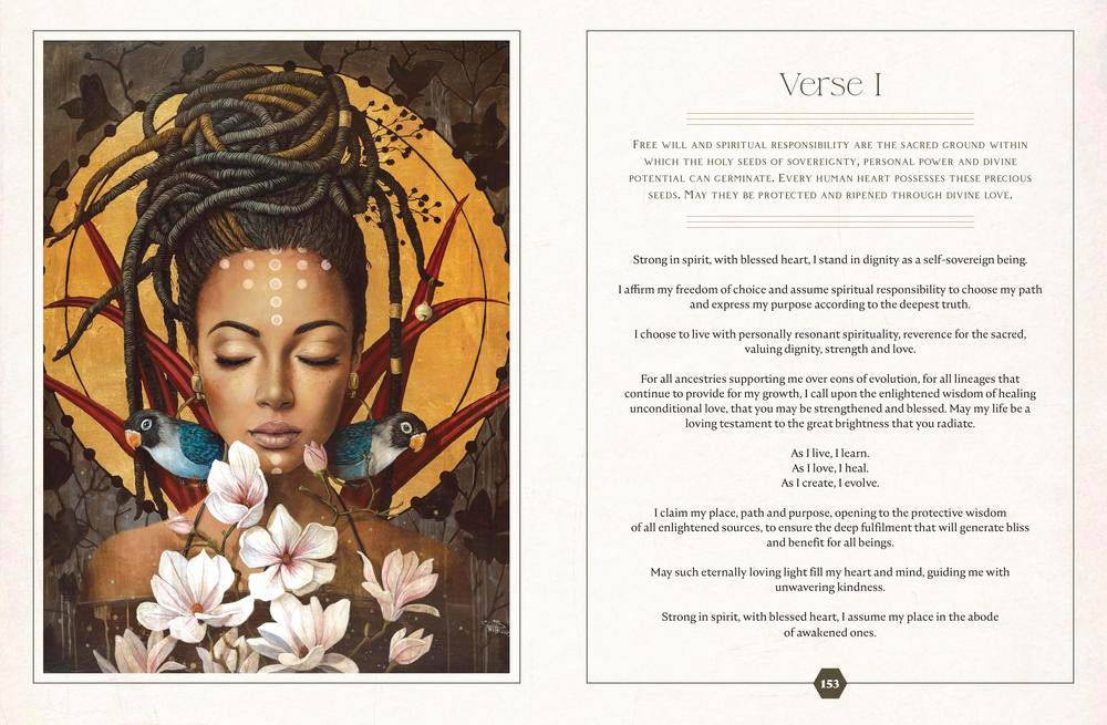 Artistic depiction of a woman with braided hair and flowers, accompanied by text on a white background.