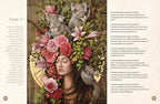 Artistic illustration of a woman with flowers and koalas in a natural setting